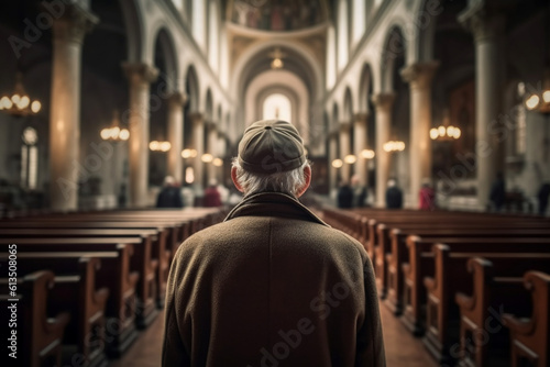 Faithful reflection: Rear view of an elderly man, pondering life's mysteries in the church. Generative AI