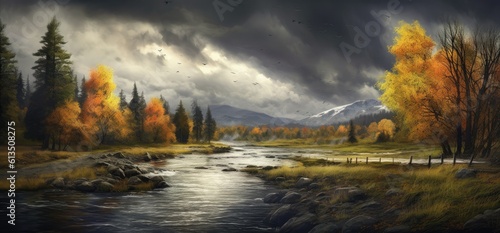 Lake with beautiful autumn trees in a dark stormy weather. Generative AI