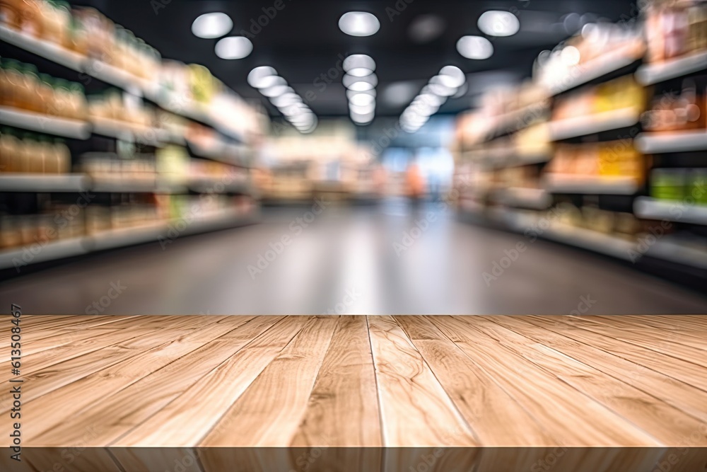 Modern wooden table for business. Showcase your products. Market shelf. Abstract blur counter background. Lifestyle shopping concept Modern wooden table for business. Showcase your products. Market shelf. Abstract blur counter background. Lifestyle shopping concept