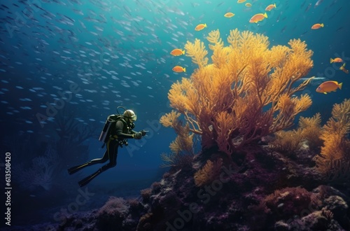 Man scuba diving by corals and fish below a mangrove in the middle of sea. Generative AI