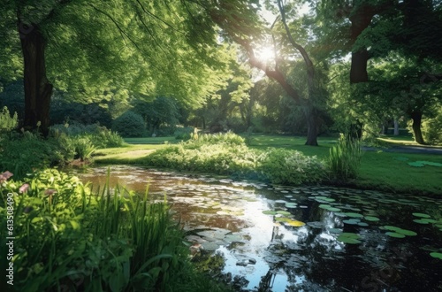 Beautiful green park with pond and sun. Generative AI