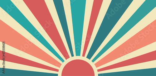 Retro sunburst background. 70s old fashioned colorful radiate lines banner. Vintage striped backdrop with a sun. Bright groovy poster or placard. Graphic design wallpaper element. Vector illustration