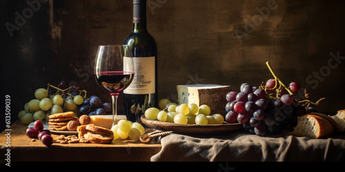 Fototapeta Naklejka Na Ścianę i Meble -  A still life composition showcasing the elegance of wine, including a bottle, glasses, grapes, and cheese platter on a rustic wooden table. Generative ai.
