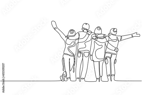 Single continuous line drawing about group of men and woman from multi ethnic standing together to show their friendship bonding. Unity in diversity concept one line draw design vector illustration