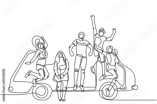 Single continuous line drawing about group of men and woman from multi ethnic standing in front of car to show their friendship bonding. Unity in diversity concept one line