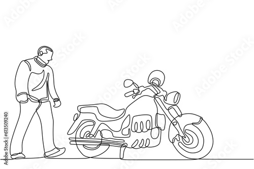 Big man and classic motorcycle one line continuous single line art isolated on white background.