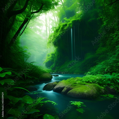 Green forest with a river passing through and sunlight peaking through