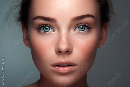 Cosmetics and skin care. Portrait of beautiful woman showing natural clean facial skin, standing over grey background. AI generated