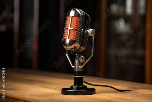 Podcasting in style: Retro microphone and headphones resting on an empty wooden table, featuring a dark wall background perfect for showcasing your logo or text. Generative AI