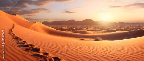 Panorama sur un désert de sable au coucher du soleil