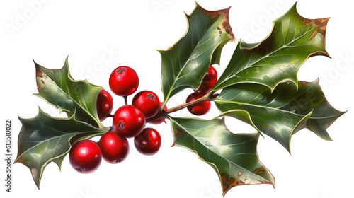 Christmask holly berry ornament on white background. Generative Ai photo