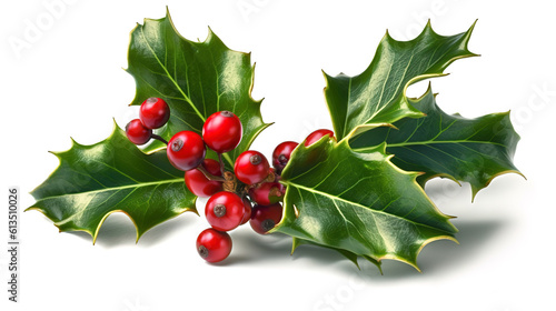 Christmask holly berry ornament on white background. Generative Ai