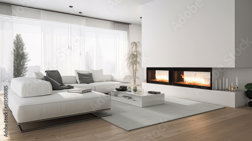 luxury and modern interior design living room with light wooden floors and white sofas