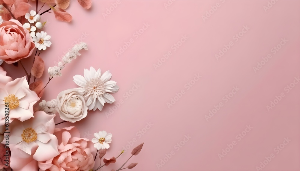 Pinkish background with flowers with space for greeting inscriptions