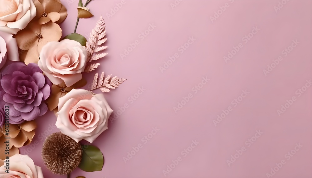Pinkish background with flowers with space for greeting inscriptions