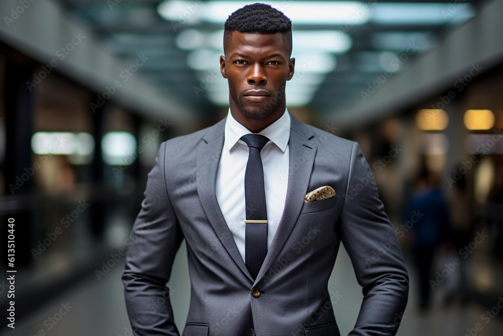 Businessman posing in front of the camera wearing a suit by a financial building. Generative AI Businessman posing in front of the camera wearing a suit by a financial building. Generative AI