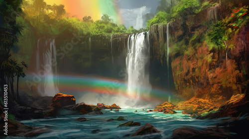 Rainbow at Wailua Falls on the hawaiian island of Kauai. Generative Ai