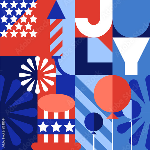 USA holiday 4th of July color block geometric pattern. Vector background, banner, poster, greeting card design elements