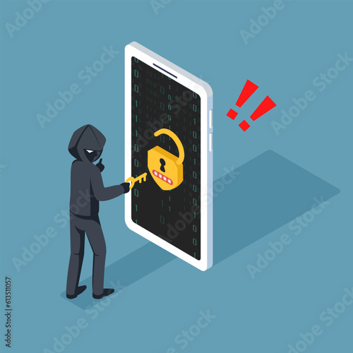 Theft Hacker attacks a smartphone by hacking a password. fraud scam phishing and steal private data on devices. vector illustration isometric flat design for cyber security awareness concept.