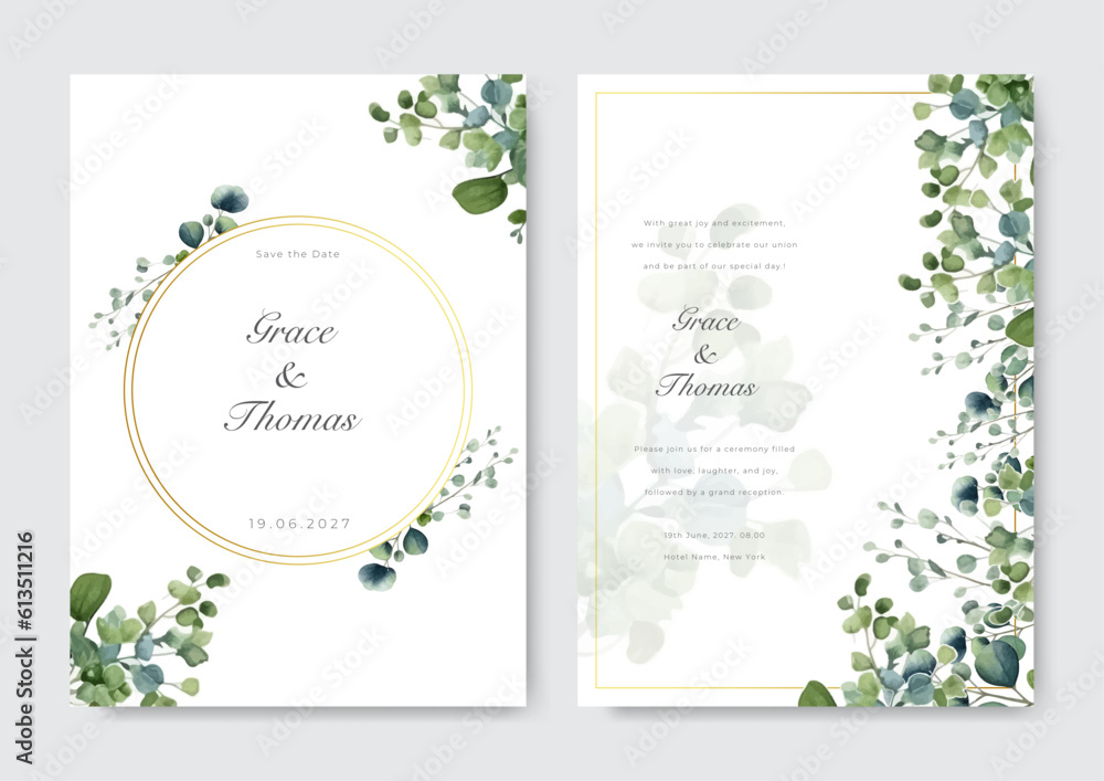 Wedding invitation card template set with greenery leave and watercolor background