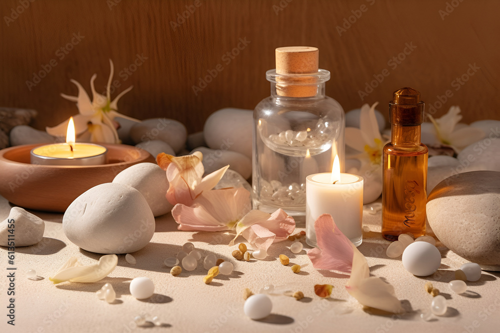 Beautiful spa composition on beige background. Natural skincare cosmetic products. AI generated Beautiful spa composition on beige background. Natural skincare cosmetic products. AI generated