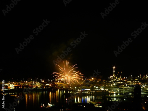fireworks over Genoa harbour, Liguria, Italy