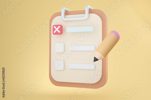 3D paper checklist with pencil on yellow pastel background ,Cartoon paper clipboard task management 3d rendering Minimal file icon 