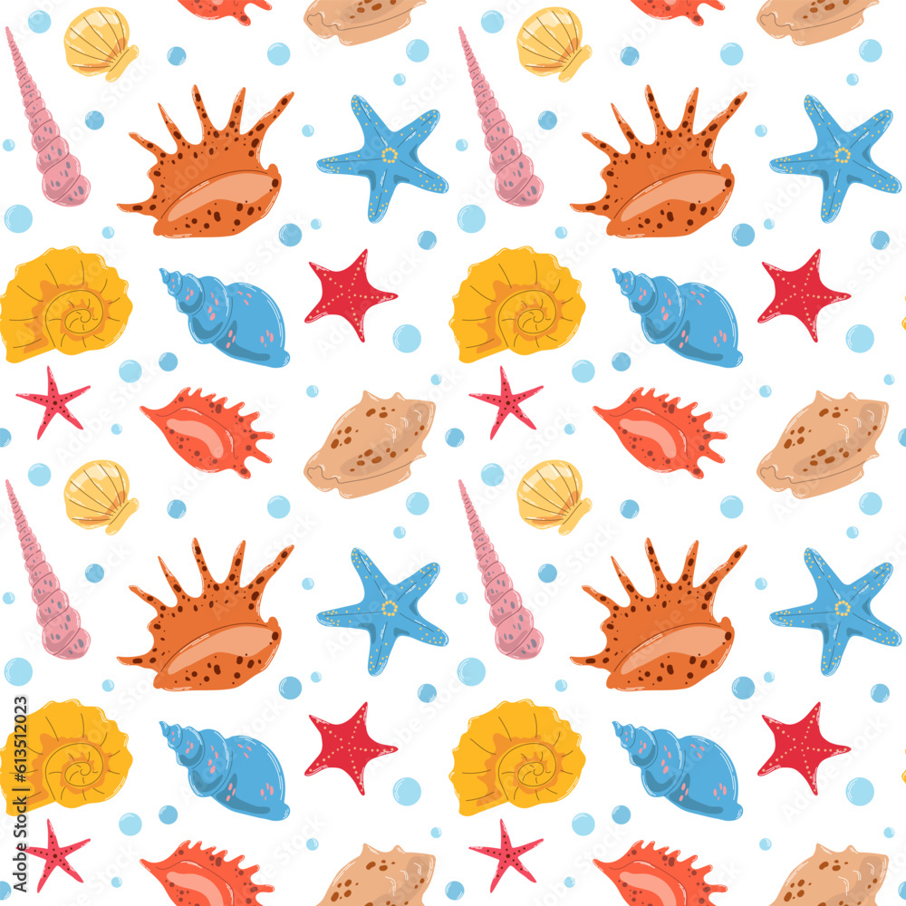 Summer seamless pattern with colorful different seashells and starfishes in flat hand drawn vector style. For design, background, textile, wallpaper, packaging Summer seamless pattern with colorful different seashells and starfishes in flat hand drawn vector style. For design, background, textile, wallpaper, packaging