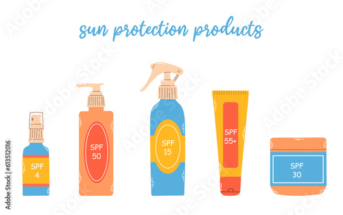 Flat vector illustration with set of different flacons and tube SPF cream on white background. Two finger guideline for sunscreen. Summer skincare and protection concept.