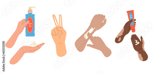Flat vector illustration with different hands applying SPF cream and tubes on white background. Two finger guideline for sunscreen. Summer skincare and protection concept.