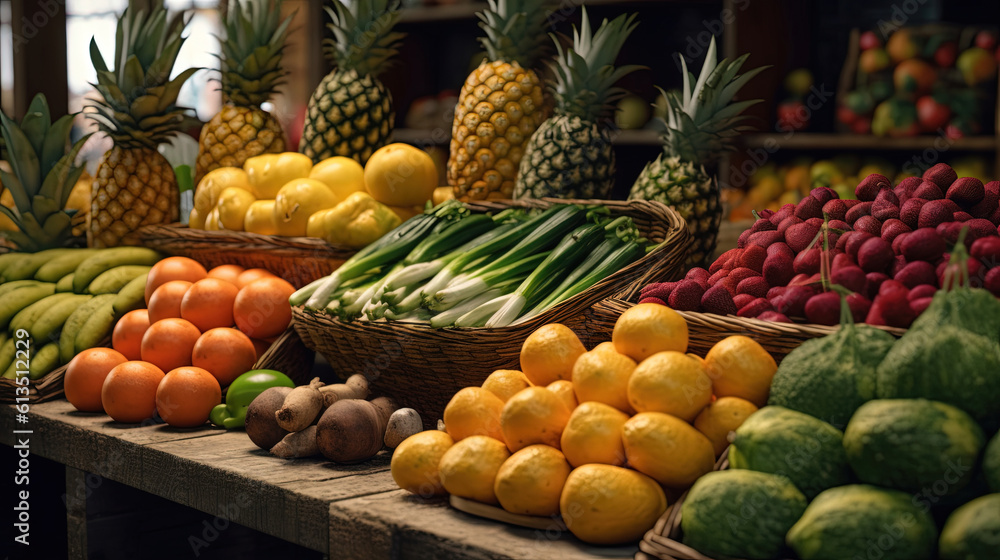 Image of a farm harvest, fruits and vegetables in a beautiful market display