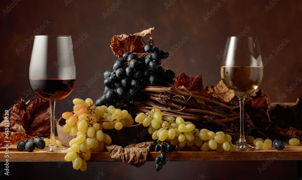 Glasses of white and red wine with bunches of grapes on a wooden table. Glasses of white and red wine with bunches of grapes on a wooden table.