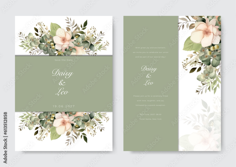 Wedding invitation templates and watercolor style leaf frames elegant floral