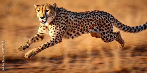 Cheetah running at full speed through the savanna. Generative AI