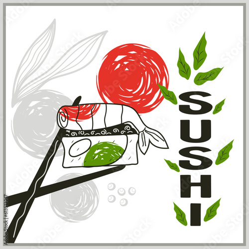 Sushi banner or card, poster for sushi Japanese cuisine, hand drawn vector illustration on white background.