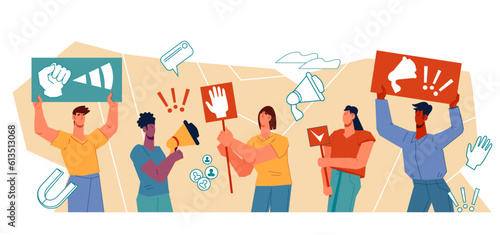 Human rights, demonstration of political solidarity or protest. No racism, gender or sexual discrimination. Freedom and equality, tolerance and rights movement, vector illustration isolated on white.