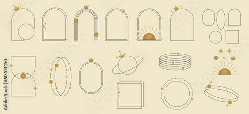 Set of minimalist boho style aesthetic elements. Arched frames with stars, geometric shapes in a linear style, gold elements. Arches with crown. Vector illustration.