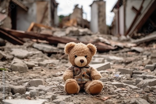 Illustration of a lonely teddy bear on the ruins of a house, Generative Ai