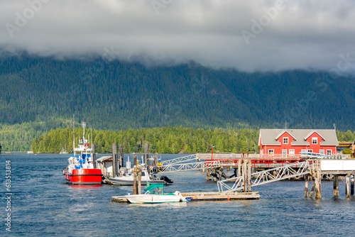 Motor boats are mooring to the piers on Pacific ocean bay in Tofino photo