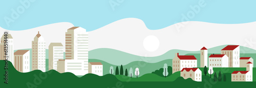 Landscape city building. Urban town flat