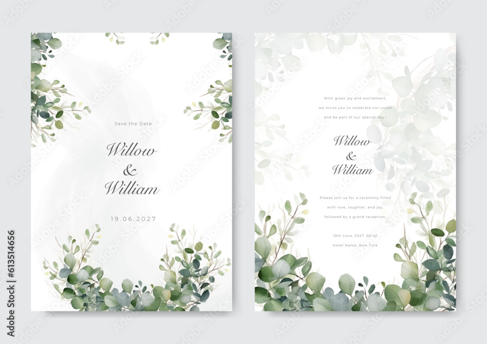 Minimalist wedding card template with green leave watercolor. Rustic theme wedding card invitation.