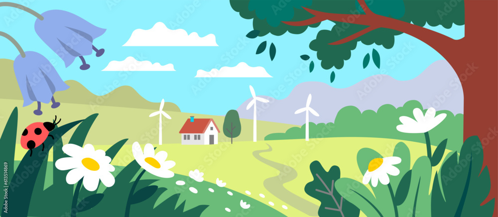 Obraz premium Summer landscape with wind mills. Flower field.