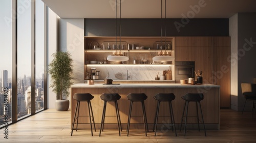 Modern loft kitchen with breakfast bar in an urban luxury apartment. Wooden floor, bar counter with bar stools, open shelves, plant in a pot, floor-to-ceiling windows with city view. 3d Generative AI