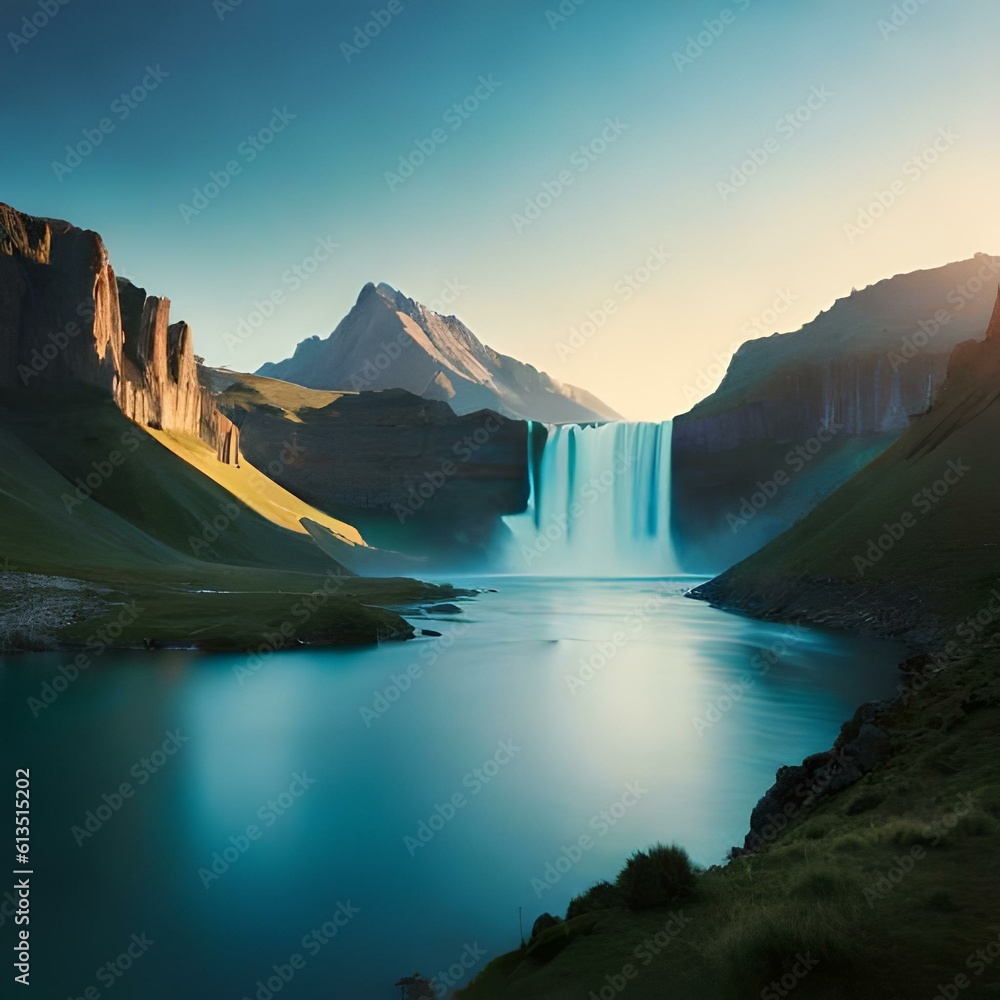 Beautiful waterfall view. Generative AI