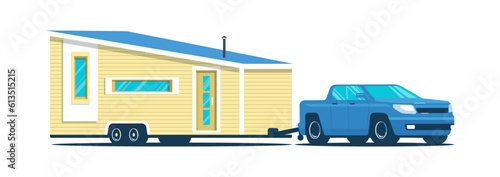 Pickup truck towing a tiny house on a wheeled chassis isolated. Vector illustration.