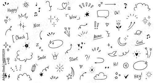 Doodle cute star, sparkle pen line elements. Doodle heart, emphasis, star, sparkle decoration symbol set icon. Simple sketch line style emphasis, glitter, pattern elements. Vector illustration.