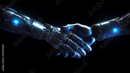 Handshake of two cyborgs, two metal anthropomorphic hands reaching out to each other. Futuristic digital age, robotics, digital technologies, scientific and technological progress. Black Generative AI