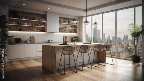 Modern loft kitchen with breakfast bar in an urban luxury apartment. Wooden floor, white fasades, wooden bar counter with bar stools, plants, floor-to-ceiling windows with city view. 3d Generative AI