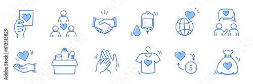 Charity hand, money, blood donation doodle line icon. Charity volunteer, support, blood donor concept icon set. Volunteer heart, donate food hand drawn doodle sketch style line. Vector illustration