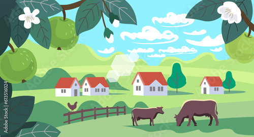 Apple tree and village. Cows in farm field with houses. Summer landscape